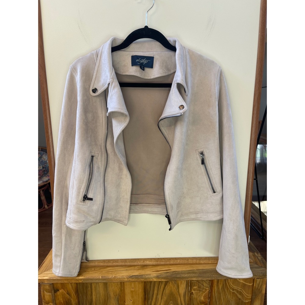 Daytrip Moto Jacket Womens S Dusty Grey Tan Faux Suede Asymmetric Zip